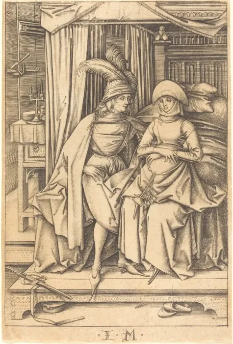 Framed Print : Couple Seated on a Bed, c. 1495 / 1503. Creator: Israhel van Meckenem Framed Print : Couple Seated on a Bed, c. 1495 / 1503. Creator: Israhel van Meckenem