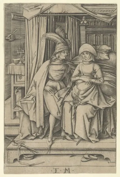 Framed Print : Couple Seated on a Bed, from Scenes of Daily Life. n. d. Creator: Israhel van Meckenem Framed Print : Couple Seated on a Bed, from Scenes of Daily Life. n. d. Creator: Israhel van Meckenem