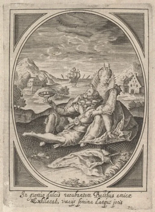 Framed Print : A couple seated on the ground, the man holding a goblet and reclining against the... ca