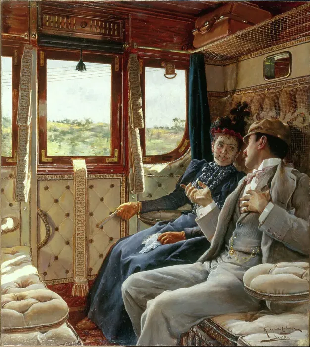 Framed Print : Couple in a train compartment, c1895. Creator: Ricardo Lepez Cabrera Framed Print : Couple in a train compartment, c1895. Creator: Ricardo Lepez Cabrera