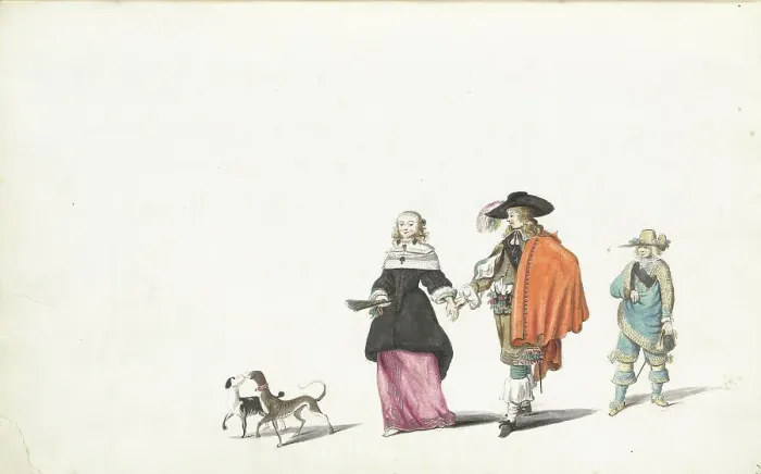Framed Print : Couple walking hand in hand, followed by a young man, c.1654-c.1658. Creator: Gesina ter Borch Framed Print : Couple walking hand in hand, followed by a young man, c.1654-c.1658. Creator: Gesina ter Borch