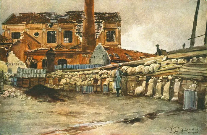 Framed Print : Cour d'Usine barricadee, 1915. Creator: Francois Flameng Framed Print : Cour d'Usine barricadee, 1915. Creator: Francois Flameng