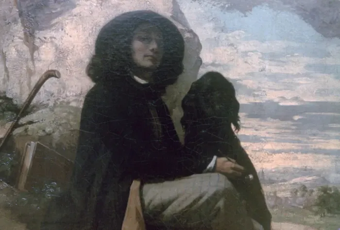 Framed Print : Courbet with his Black Dog, 1842. Artist: Gustave Courbet Framed Print : Courbet with his Black Dog, 1842. Artist: Gustave Courbet