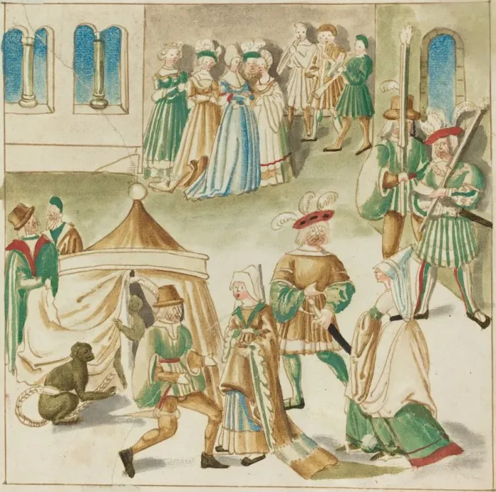 Framed Print : Court Amusements with Two Monkeys, c. 1515. Creator: Unknown Framed Print : Court Amusements with Two Monkeys, c. 1515. Creator: Unknown