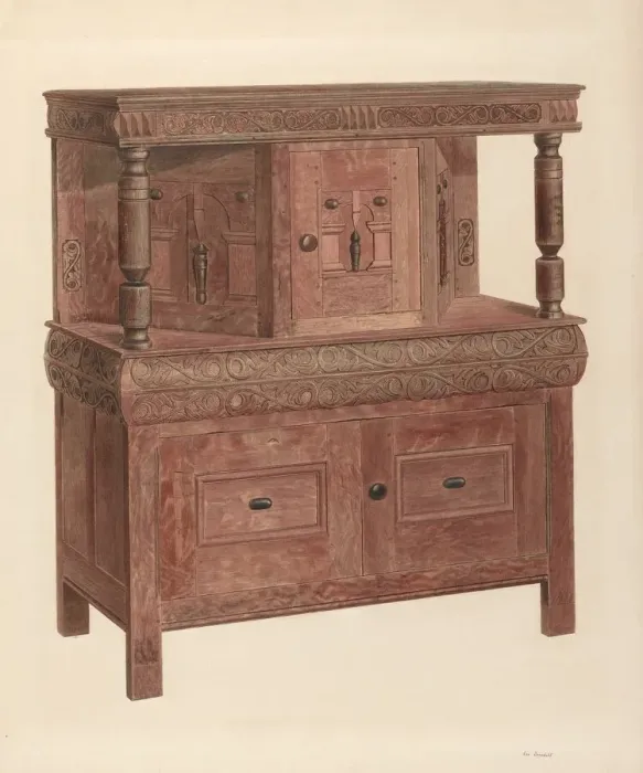Framed Print : Court Cupboard, c. 1940. Creator: Leo Drozdoff Framed Print : Court Cupboard, c. 1940. Creator: Leo Drozdoff
