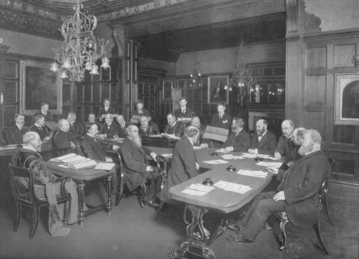 Framed Print : Court of the Cutlers Company: examining the work of their apprentices, London, 1902 (1903) Framed Print : Court of the Cutlers Company: examining the work of their apprentices, London, 1902 (1903)
