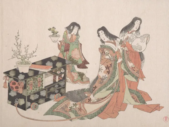 Framed Print : Court Ladies Dragging a Cabinet along the Floor, 19th century. Creator: Kubo Shunman Framed Print : Court Ladies Dragging a Cabinet along the Floor, 19th century. Creator: Kubo Shunman