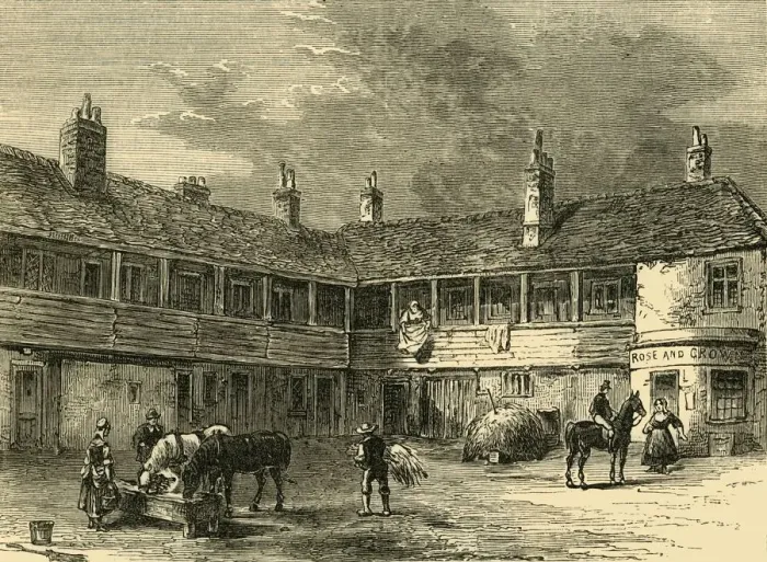Framed Print : Court-Yard of the Rose and Crown, 1820, (c1876). Creator: Unknown Framed Print : Court-Yard of the Rose and Crown, 1820, (c1876). Creator: Unknown