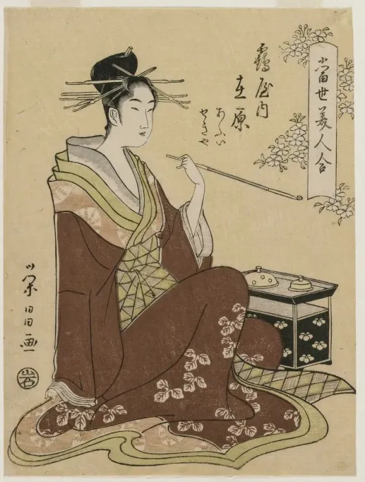 Framed Print : The Courtesan Ariwara of the Tsuruya Seated by a Smoking Chest... mid 1790s. Creator Framed Print : The Courtesan Ariwara of the Tsuruya Seated by a Smoking Chest... mid 1790s. Creator