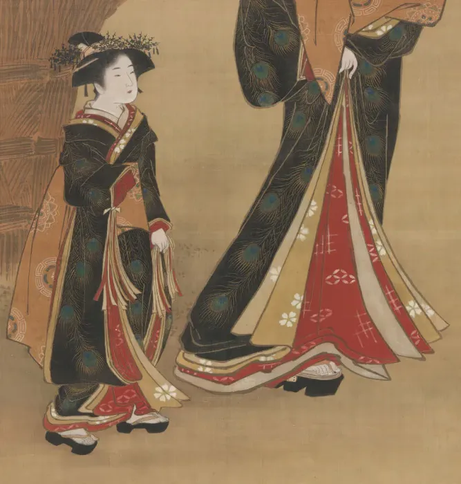 Framed Print : Courtesan and her Attendant under a Cherry Tree, early 19th century Framed Print : Courtesan and her Attendant under a Cherry Tree, early 19th century