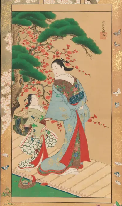 Framed Print : Courtesan and Attendant in Early Spring, early 18th century. Creator: Kakondo Framed Print : Courtesan and Attendant in Early Spring, early 18th century. Creator: Kakondo