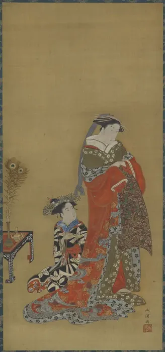 Framed Print : A Courtesan and attendant, late 18th-early 19th century. Creator: Kitao Masanobu Framed Print : A Courtesan and attendant, late 18th-early 19th century. Creator: Kitao Masanobu