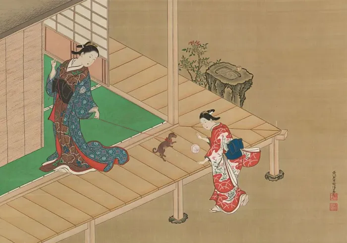 Framed Print : Courtesan and Attendant Playing with a Dog, ca. 1716-1736. Creator: Nishikawa Sukenobu Framed Print : Courtesan and Attendant Playing with a Dog, ca. 1716-1736. Creator: Nishikawa Sukenobu