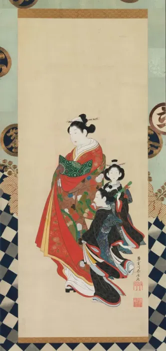 Framed Print : Courtesan and Attendants, late 18th century. Creator: Shunsho Framed Print : Courtesan and Attendants, late 18th century. Creator: Shunsho