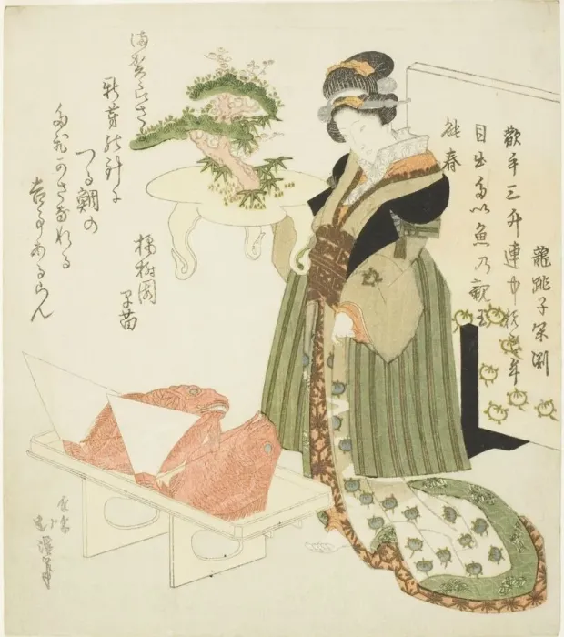 Framed Print : Courtesan carrying a decorated tray, early to mid-1820s. Creator: Totoya Hokkei Framed Print : Courtesan carrying a decorated tray, early to mid-1820s. Creator: Totoya Hokkei