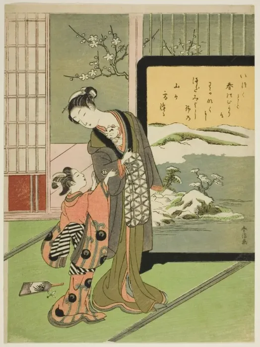 Framed Print : Courtesan and Her Child Attendant Playing with a Cat, c. 1768. Creator: Suzuki Harunobu Framed Print : Courtesan and Her Child Attendant Playing with a Cat, c. 1768. Creator: Suzuki Harunobu