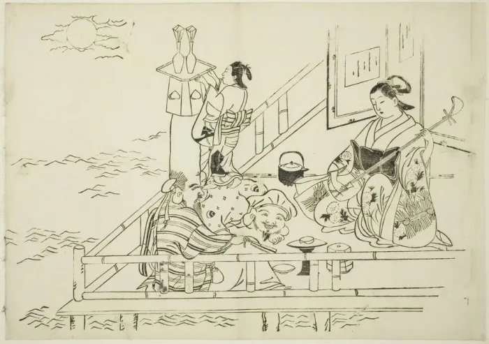 Framed Print : Courtesan entertaining Daikoku and Fukurokuju, no. 10 from a series of 12 prints, c. 1708 Framed Print : Courtesan entertaining Daikoku and Fukurokuju, no. 10 from a series of 12 prints, c. 1708