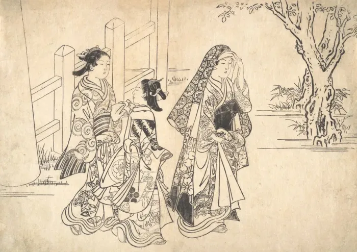 Framed Print : A Courtesan Followed by Two Girl Attendants, ca. 1690-1751. Creator: Nishikawa Sukenobu Framed Print : A Courtesan Followed by Two Girl Attendants, ca. 1690-1751. Creator: Nishikawa Sukenobu