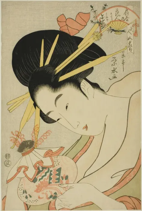 Framed Print : The Courtesan Hanahito of the Ogiya and attendants Sakura and Momiji... c. 1795 / 1800 Framed Print : The Courtesan Hanahito of the Ogiya and attendants Sakura and Momiji... c. 1795 / 1800