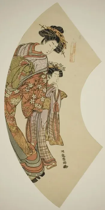 Framed Print : The Courtesan Hanaogi of the Ogiya and her attendant, from the series Fans of Framed Print : The Courtesan Hanaogi of the Ogiya and her attendant, from the series Fans of