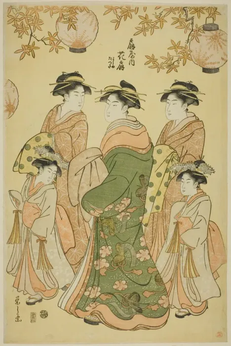 Framed Print : The Courtesan Hanaogi of the Ogiya, with Child Attendants Yoshino and Tatsuta, c. 1793. Creator: Hosoda Eishi Framed Print : The Courtesan Hanaogi of the Ogiya, with Child Attendants Yoshino and Tatsuta, c. 1793. Creator: Hosoda Eishi
