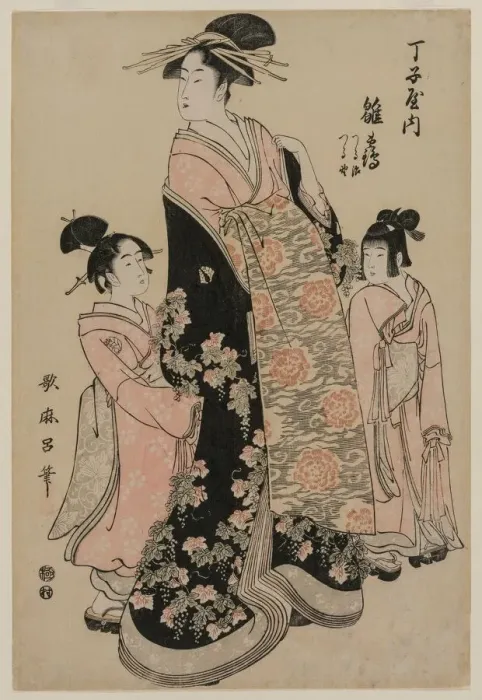 Framed Print : The Courtesan Hinazuru of Chojiya with her Attendants Tsuruji and Tsuruno, c. 1794 Framed Print : The Courtesan Hinazuru of Chojiya with her Attendants Tsuruji and Tsuruno, c. 1794