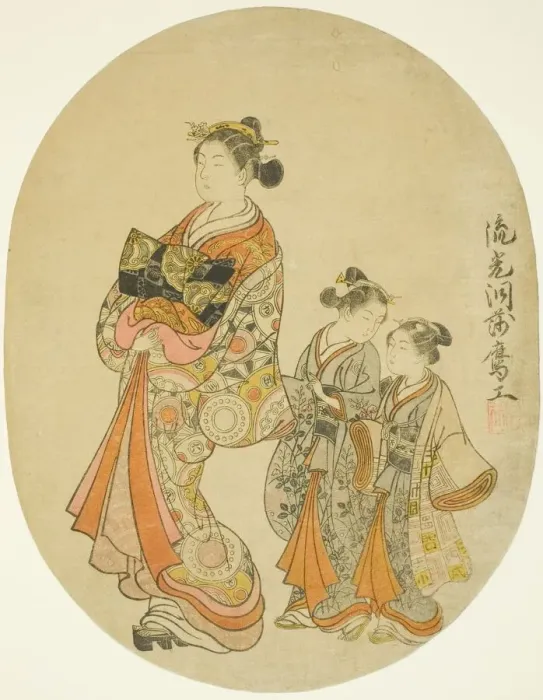 Framed Print : Courtesan and Two Kamuro, Japan, 1766. Creator: Komatsuya Hyakki Framed Print : Courtesan and Two Kamuro, Japan, 1766. Creator: Komatsuya Hyakki