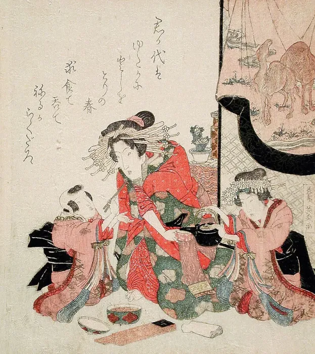 Framed Print : Courtesan with Kamuro and Small Boy, c1830. Creator: Ikeda Eisen Framed Print : Courtesan with Kamuro and Small Boy, c1830. Creator: Ikeda Eisen