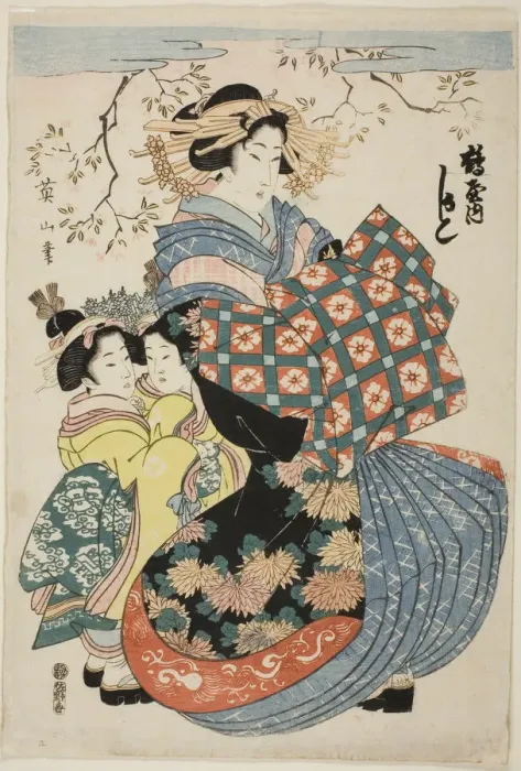 Framed Print : The courtesan Kashiku of the Tsuruya with two child attendants, Japan, c. 1824 / 29 Framed Print : The courtesan Kashiku of the Tsuruya with two child attendants, Japan, c. 1824 / 29