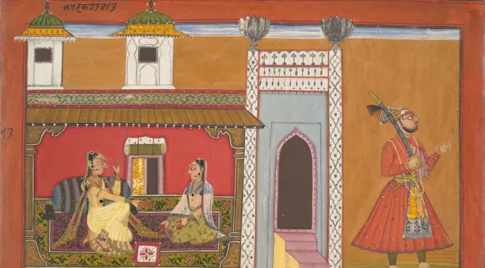 Framed Print : A Courtesan and Her Lover Estranged by a Quarrel: Page from a Rasamanjari series, 1694-95 Framed Print : A Courtesan and Her Lover Estranged by a Quarrel: Page from a Rasamanjari series, 1694-95