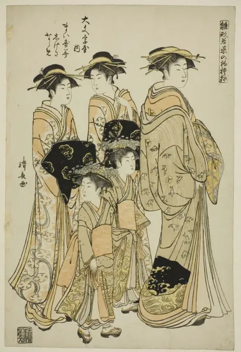 Framed Print : The Courtesan Maizumi of the Daimonjiya with Her Attendants Shigeki and Naname, from the s... 1782. Creator: Torii Kiyonaga Framed Print : The Courtesan Maizumi of the Daimonjiya with Her Attendants Shigeki and Naname, from the s... 1782. Creator: Torii Kiyonaga