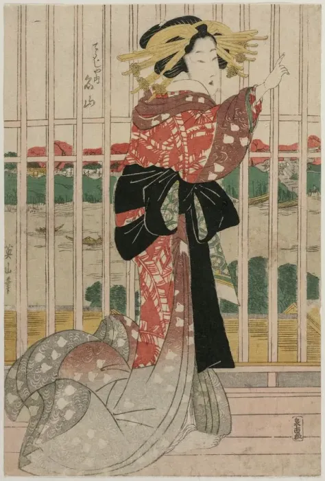 Framed Print : The Courtesan Meizan of the Chojiya on a Balcony Overlooking the Sumida River, c Framed Print : The Courtesan Meizan of the Chojiya on a Balcony Overlooking the Sumida River, c