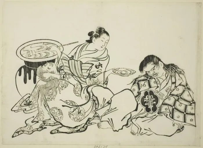 Framed Print : Courtesan Plying Shojo with Sake, no. 4 from a series of 12 prints, c. 1708 Framed Print : Courtesan Plying Shojo with Sake, no. 4 from a series of 12 prints, c. 1708
