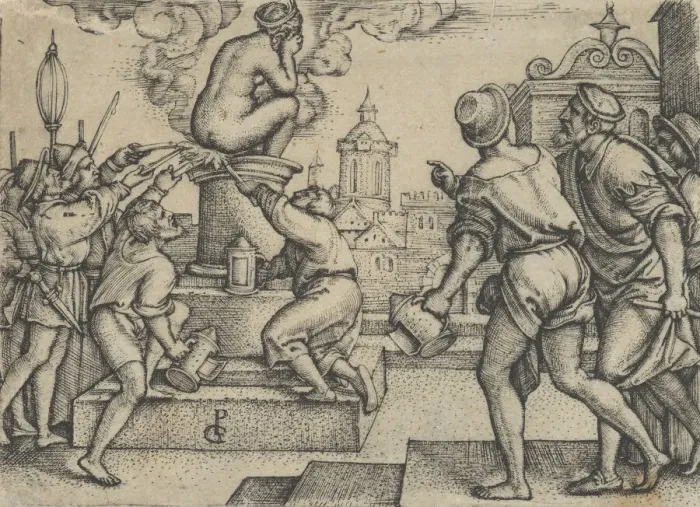 Framed Print : The Courtesan Punished, from The Story of the Magician Virgil. Creator: Georg Pencz Framed Print : The Courtesan Punished, from The Story of the Magician Virgil. Creator: Georg Pencz