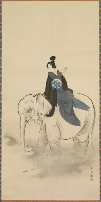 Framed Print : Courtesan Riding an Elephant (Parody of the Bodhisattva Fugen), 19th century. Creator Framed Print : Courtesan Riding an Elephant (Parody of the Bodhisattva Fugen), 19th century. Creator