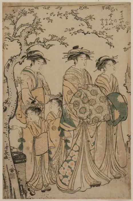 Framed Print : The Courtesan Senzan of Chojiya Strolling with her Kamuro Yasono and Yasoji and Two Shinzo, 1786 Framed Print : The Courtesan Senzan of Chojiya Strolling with her Kamuro Yasono and Yasoji and Two Shinzo, 1786