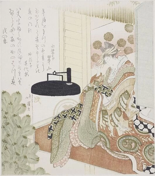 Courtesan sitting on a veranda next to a lantern, 1814. Creator: Totoya Hokkei
