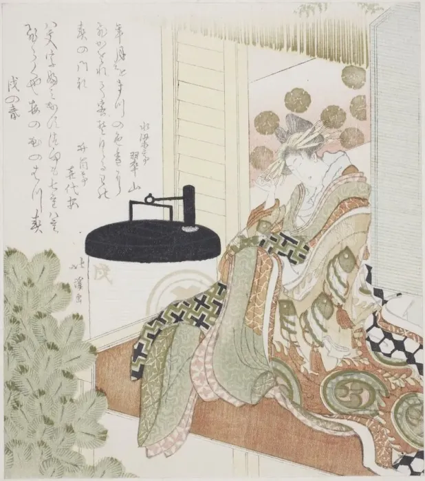 Framed Print : Courtesan sitting on a veranda next to a lantern, 1814. Creator: Totoya Hokkei Framed Print : Courtesan sitting on a veranda next to a lantern, 1814. Creator: Totoya Hokkei