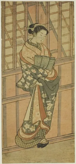 Framed Print : Courtesan Standing in Front of a Barred Window, c. 1765. Creator: Ishikawa Toyonobu Framed Print : Courtesan Standing in Front of a Barred Window, c. 1765. Creator: Ishikawa Toyonobu