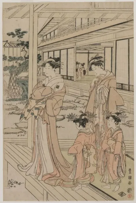 Framed Print : Courtesan Standing on a Veranda, early 1790s. Creator: Utagawa Toyokuni (Japanese, 1769-1825) Framed Print : Courtesan Standing on a Veranda, early 1790s. Creator: Utagawa Toyokuni (Japanese, 1769-1825)