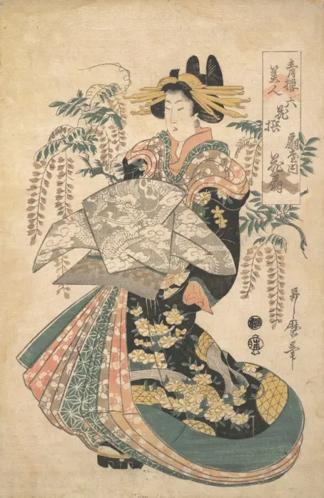 Framed Print : A Courtesan with Wisteria on the Background. Creator: Utamaro II Framed Print : A Courtesan with Wisteria on the Background. Creator: Utamaro II