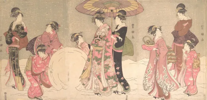 Framed Print : Courtesans and Attendants Making a Giant Snowball, ca. 1796. Creator: Utagawa Toyokuni I Framed Print : Courtesans and Attendants Making a Giant Snowball, ca. 1796. Creator: Utagawa Toyokuni I