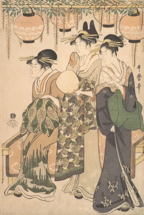 Framed Print : Courtesans Beneath a Wisteria Arbor... ca. 1795. Creator: Kitagawa Utamaro Framed Print : Courtesans Beneath a Wisteria Arbor... ca. 1795. Creator: Kitagawa Utamaro
