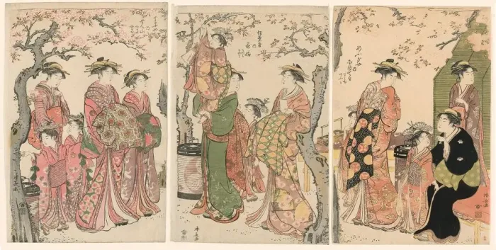 Framed Print : Courtesans and Their Child Attendants under Blossoming Cherry Trees, 1785 Framed Print : Courtesans and Their Child Attendants under Blossoming Cherry Trees, 1785