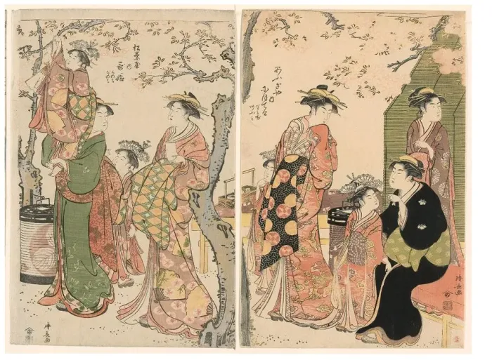 Framed Print : Courtesans and Their Child Attendants under Blossoming Cherry Trees, 1785 Framed Print : Courtesans and Their Child Attendants under Blossoming Cherry Trees, 1785
