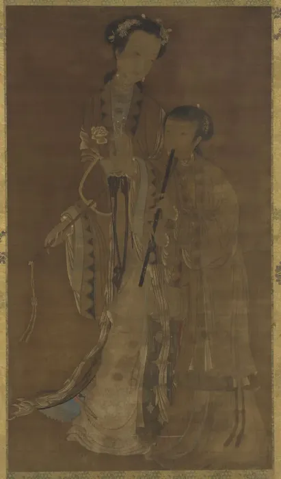 Framed Print : Courtesans with fan and flute, Qing dynasty, 17th-18th century. Creator: Unknown Framed Print : Courtesans with fan and flute, Qing dynasty, 17th-18th century. Creator: Unknown