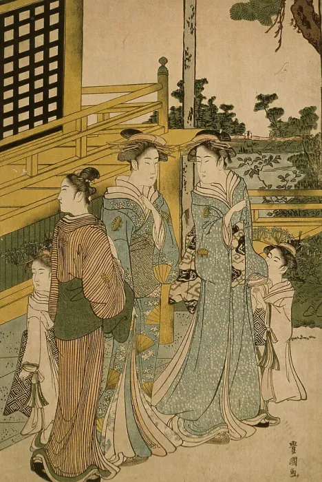 Framed Print : Two Courtesans and Kamuro, 19th century. Creator: Utagawa Toyokuni II Framed Print : Two Courtesans and Kamuro, 19th century. Creator: Utagawa Toyokuni II