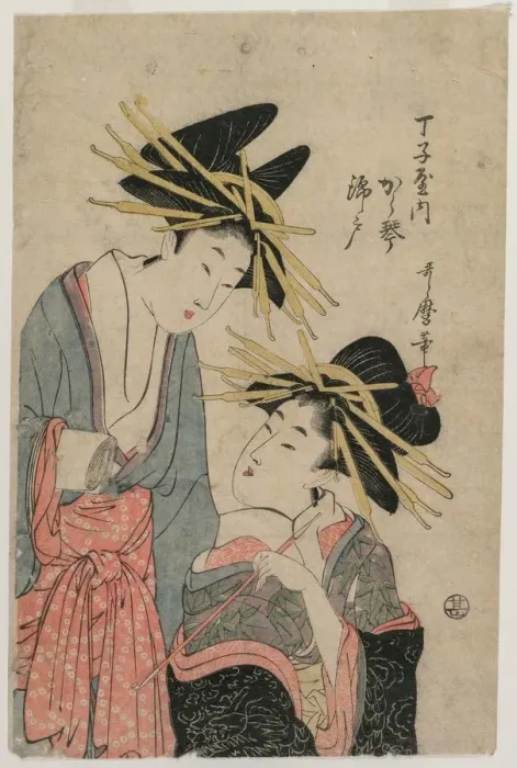 Framed Print : The Courtesans Karagoto and Nishikido of Chojiya, late 1800s. Creator: Utamaro II (Japanese) Framed Print : The Courtesans Karagoto and Nishikido of Chojiya, late 1800s. Creator: Utamaro II (Japanese)