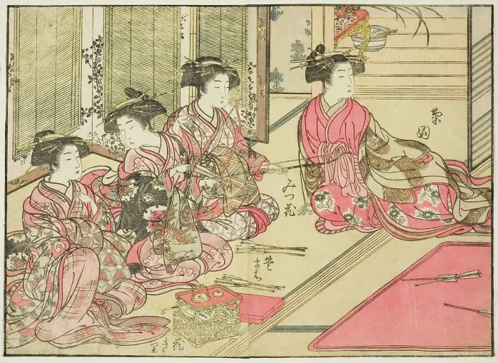 Framed Print : Courtesans of Kiriya, from the book Mirror of Beautiful Women of the Pleasure Quarters... 1776. Creator: Shunsho. Courtesans of Kiriya, from the book Mirror of Beautiful Women of the Pleasure Quarters... 1776. Creator: Shunsho Framed Print : Courtesans of Kiriya, from the book Mirror of Beautiful Women of the Pleasure Quarters... 1776. Creator: Shunsho. Courtesans of Kiriya, from the book Mirror of Beautiful Women of the Pleasure Quarters... 1776. Creator: Shunsho
