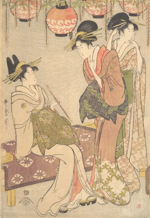 Framed Print : Three Courtesans, late 18th-early 19th century. Creator: Kitagawa Utamaro Framed Print : Three Courtesans, late 18th-early 19th century. Creator: Kitagawa Utamaro
